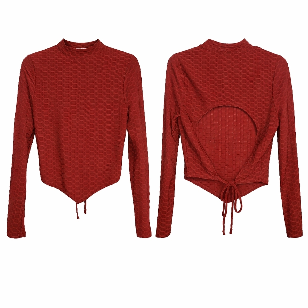Women’s Long Sleeve Textured Open-Back Top in Brick Red